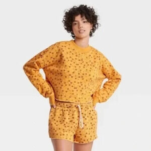 Women's Floral Fleece Lounge Cropped Sweatshirt Set Colsie Yellow Size Medium